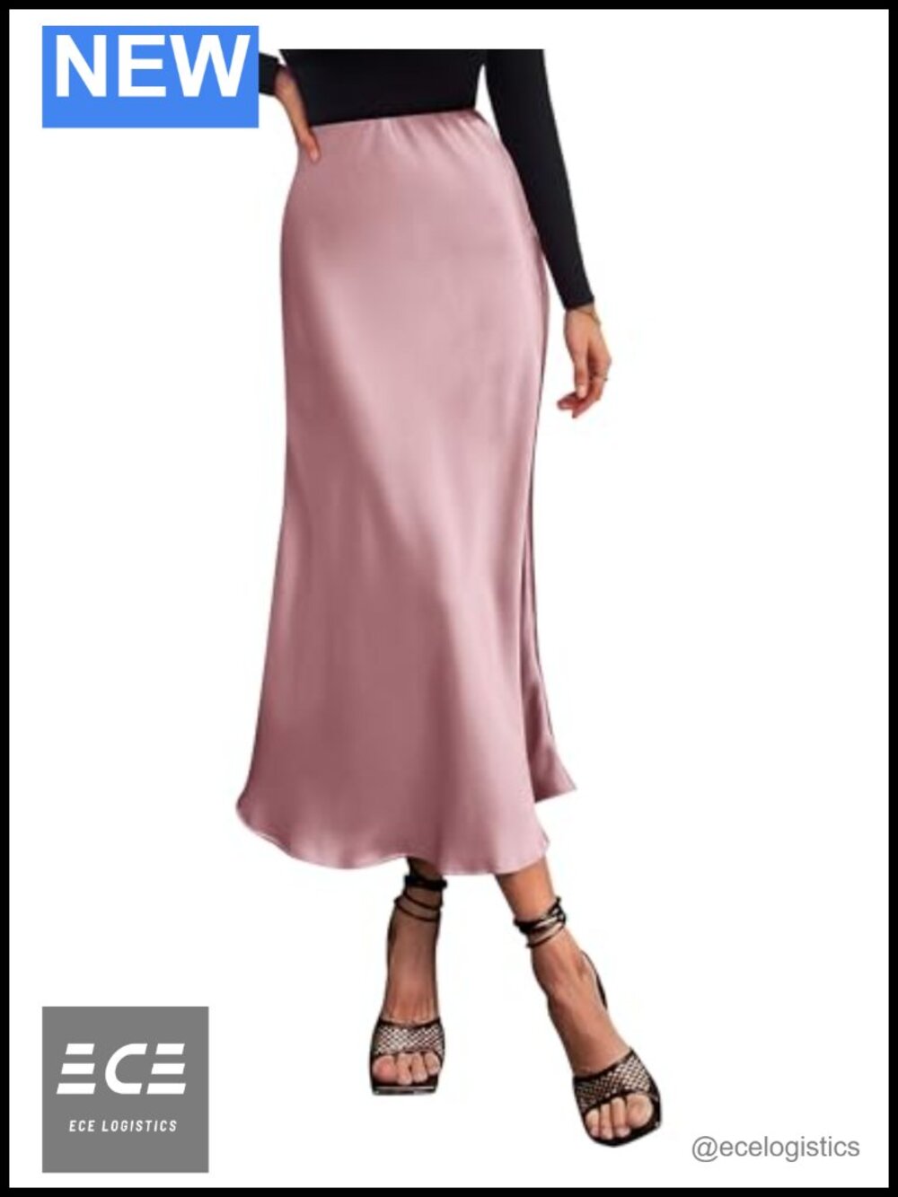 Satin High Waisted A-Line Midi Skirt Ruffle Hem Elastic Waist